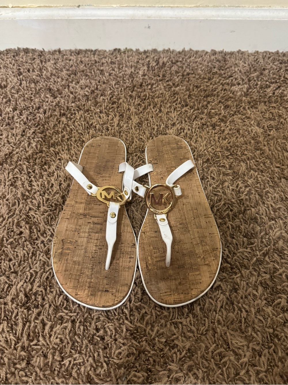 Michael Kors White Leather Thong Sandals with Gold MK Emblem